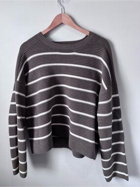 Devoted Striped Knit Sweater | Olive Brown & White | Size XL